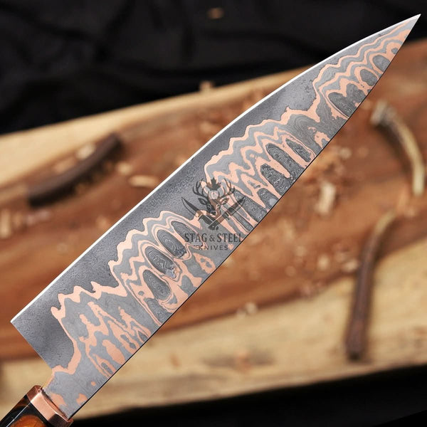 Copper Damascus Chef Knife - 10" Cu-Mai Blade with Resin Handle