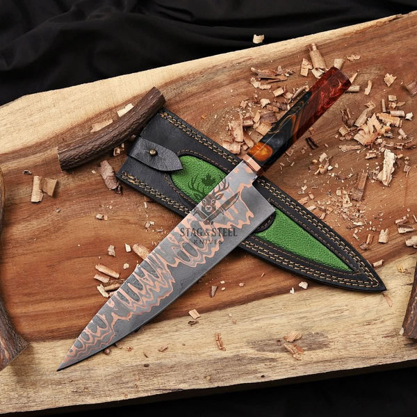 Copper Damascus Chef Knife - 10" Cu-Mai Blade with Resin Handle