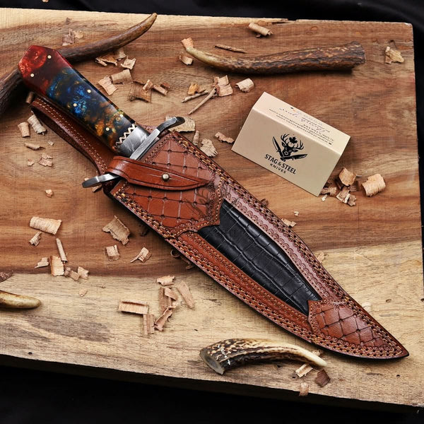copper Damascus Bowie knife inside custom leather sheath