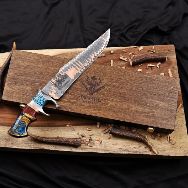 copper damascus bowie knife double guard with wooden box