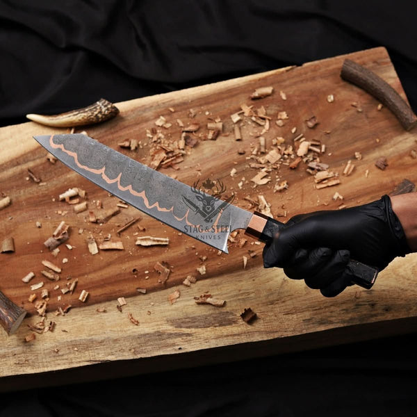 Bunka Knife - 8 Inch San Mai Copper Damascus Chef Knife