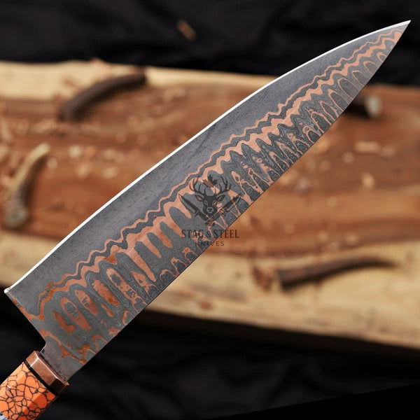 Hand forged Copper Damascus Chef Knife - 10 inch Cu-Mai Blade