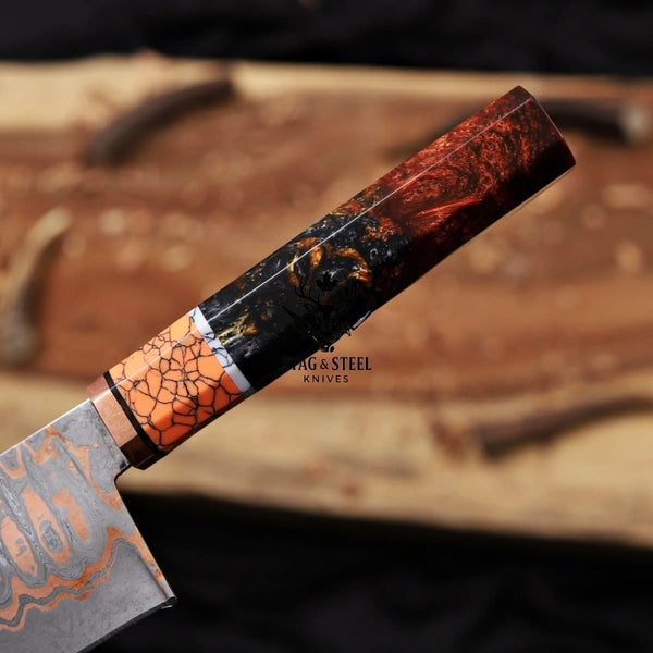 Hand forged Copper Damascus Chef Knife - 10 inch Cu-Mai Blade