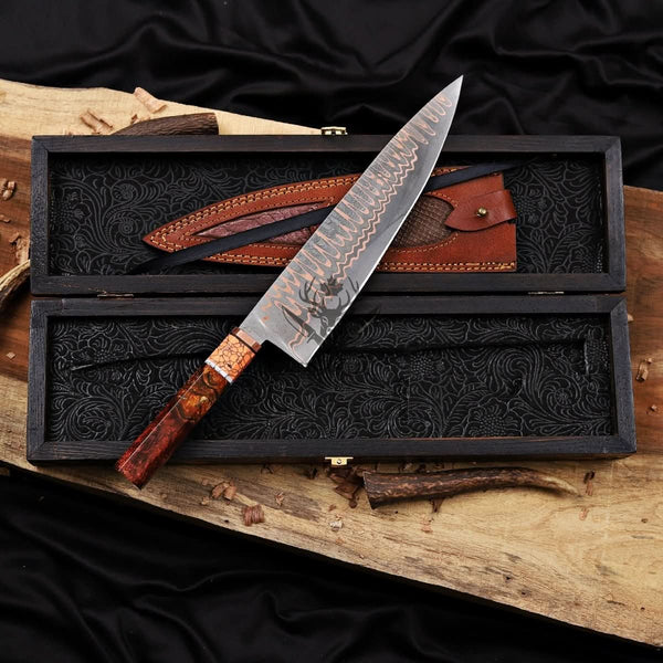 Hand forged Copper Damascus Chef Knife - 10 inch Cu-Mai Blade