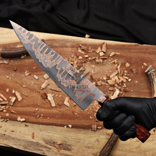 Copper Damascus Chef Knife - 10" Cu-Mai Blade with Resin Handle