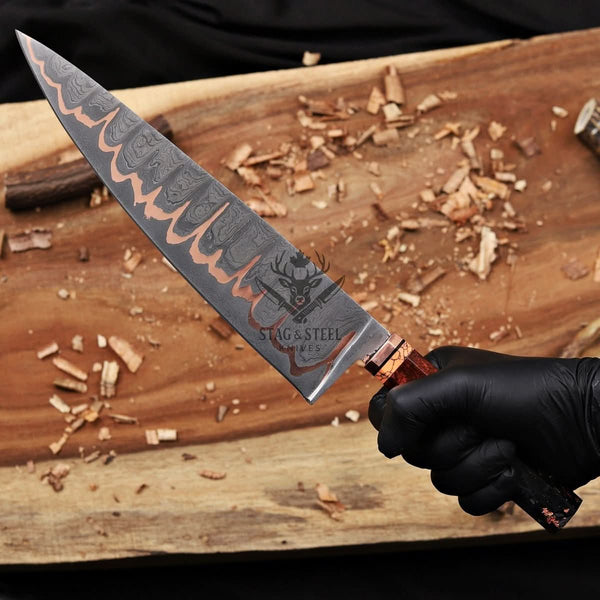 San Mai Chef Knife - Premium Copper Damascus Blade