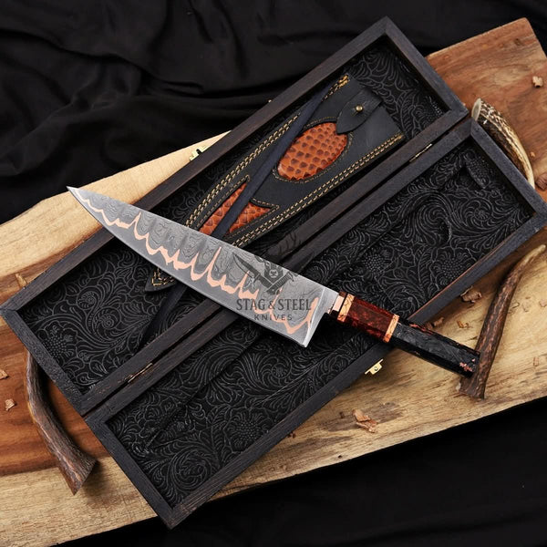 San Mai Chef Knife - Premium Copper Damascus Blade