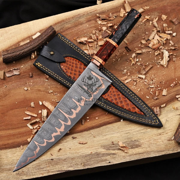 San Mai Chef Knife - Premium Copper Damascus Blade