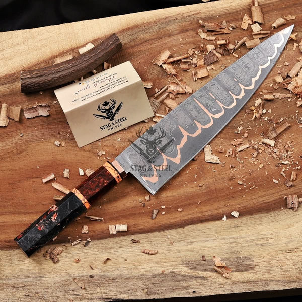 San Mai Chef Knife - Premium Copper Damascus Blade