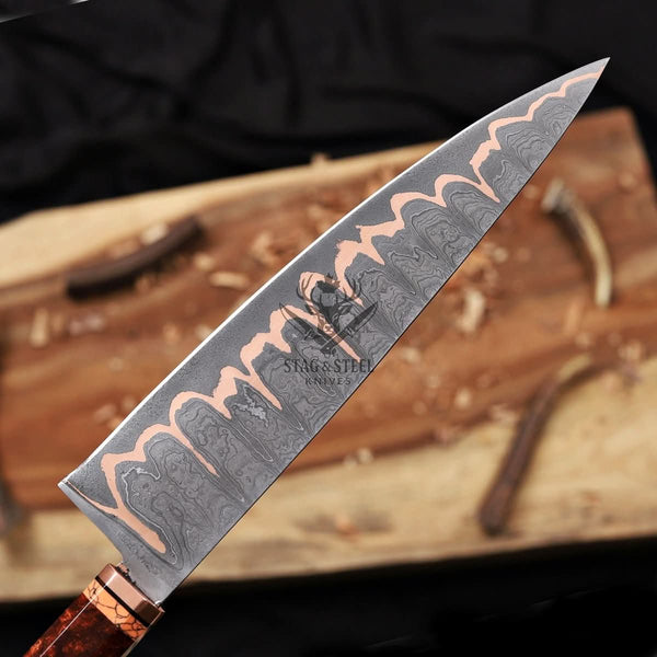 San Mai Chef Knife - Premium Copper Damascus Blade