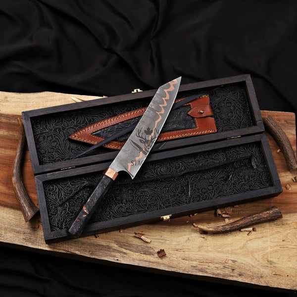 Bunka Knife - 8 Inch San Mai Copper Damascus Chef Knife