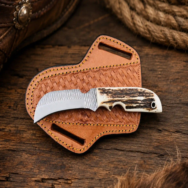 Stag Horn Rasp Steel Hawkbill Knife with Cross Draw Sheath