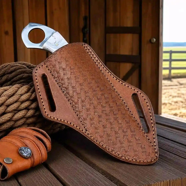 A brown leather knife sheath with a woven texture and cutout handles, holding a silver knife, displayed on a wooden surface next to a rope and another leather accessory in front of a rustic wooden door.