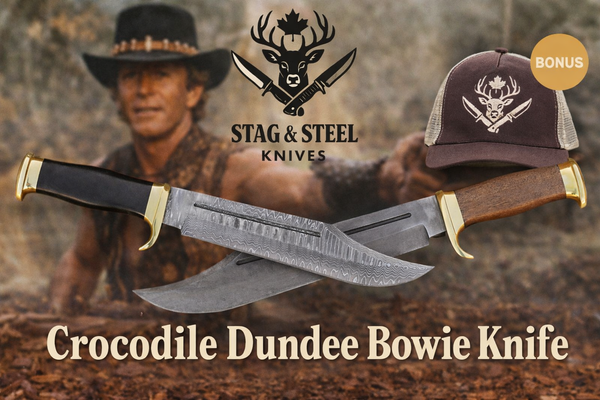 Crocodile Dundee Bowie Knife with Damascus steel blade and leather sheath