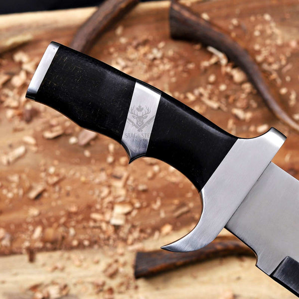 Black Micarta handle with Steel guard on Predator D2 bowie knife