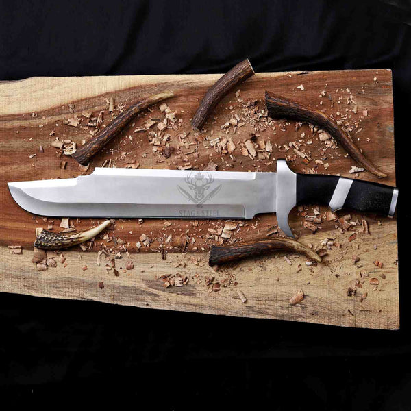 D2 steel bowie knife with steelguard and pommel and black Micarta handle