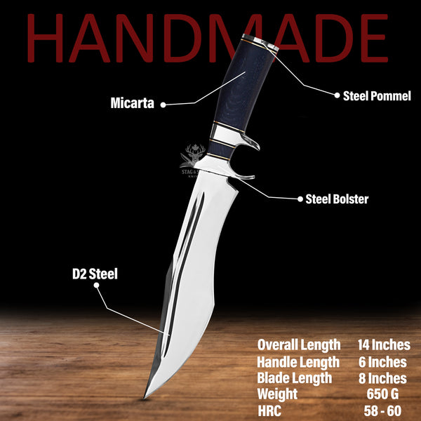 Well-balanced D2 steel survival bowie knife