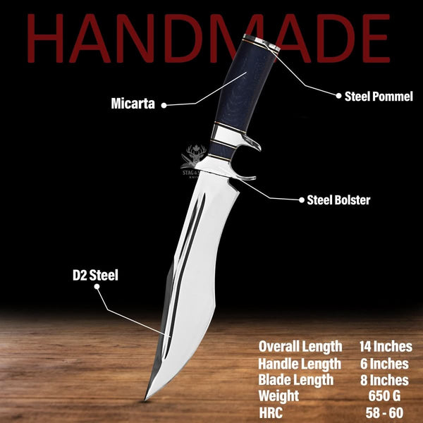Well-balanced D2 steel survival bowie knife