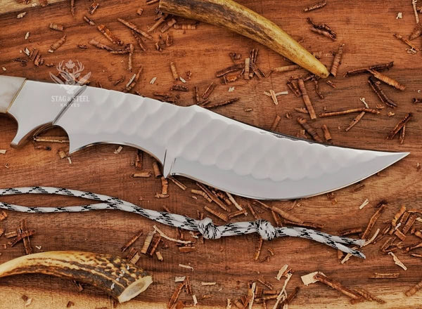 Close-up of D2 steel blade on handmade Bowie knife