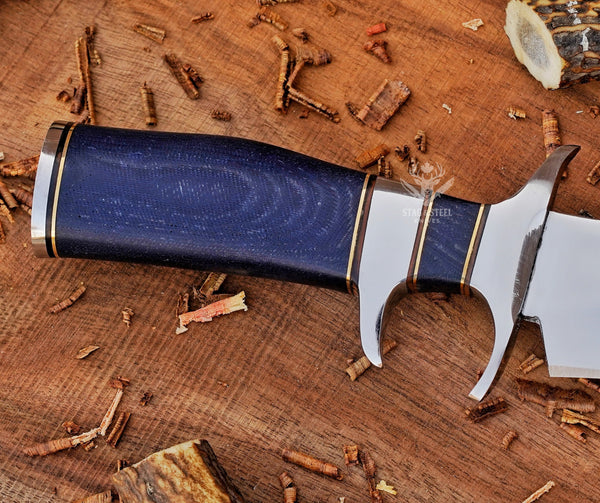 D2 steel survival bowie knife blade with blue micarta handle