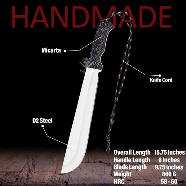 D2 steel machete knife infographic showing Grey Micarta handle, knife cord, 15.75 inch overall length, 9.75 inch blade, and 58 to 60 HRC hardness