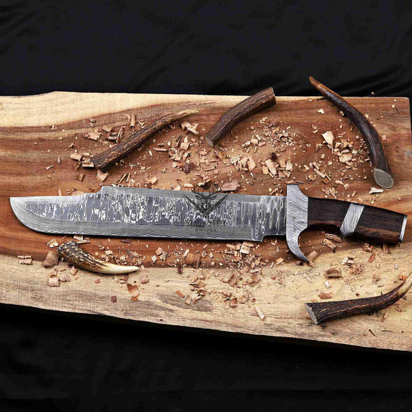 Damascus bowie knife with Damascus steel guard and pommel and wenge handle