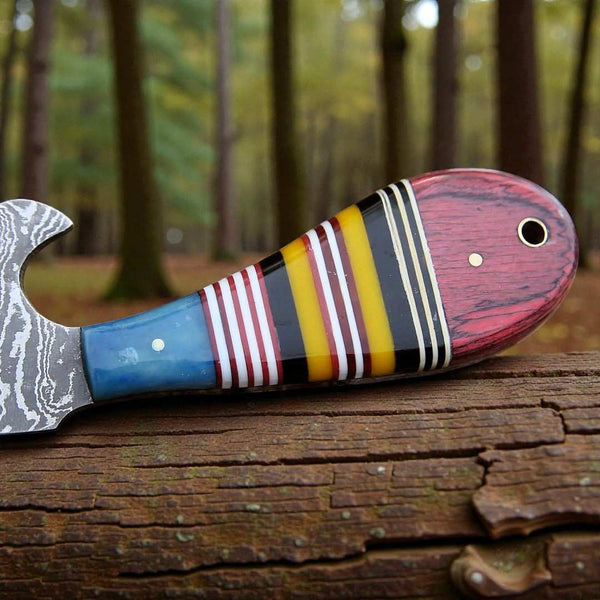 Bull Cutter Knife | Multi-Color Damascus Steel | Fixed Blade