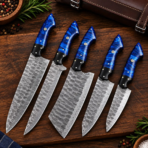 Five-piece Damascus chef knife set with blue resin handles and rosette fittings
