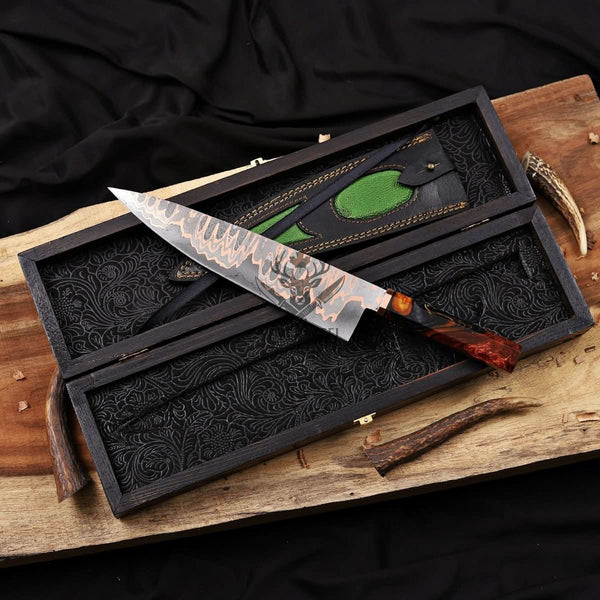 Copper Damascus Chef Knife - 10" Cu-Mai Blade with Resin Handle