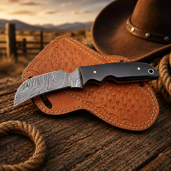 Damascus layer pattern on a handmade hawkbill knife blade with bull horn handle with pancake sheath