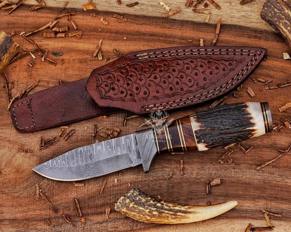 Custom Damascus Small Hunting Knife With Damascus Guard