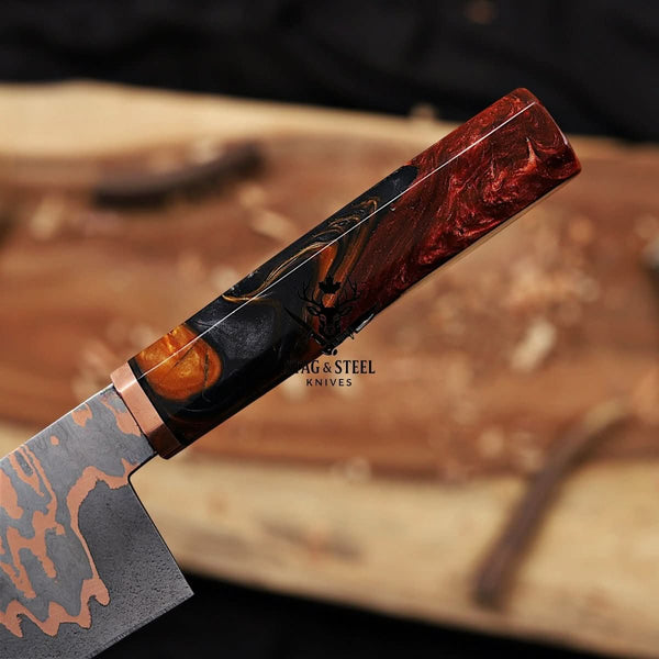 Copper Damascus Chef Knife - 10" Cu-Mai Blade with Resin Handle