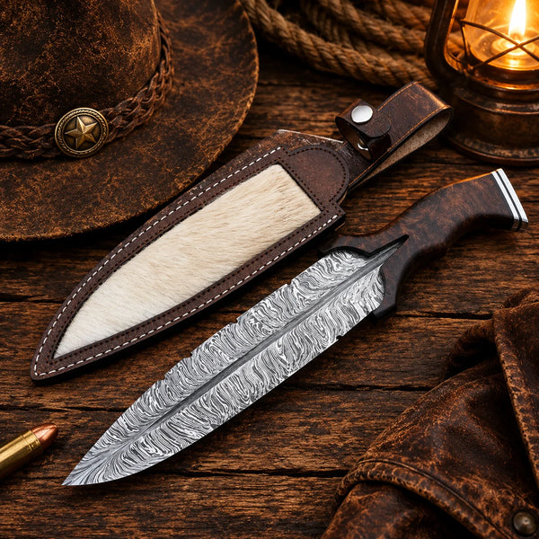 Hand forged feather Damascus bowie knife with rosewood handle on stone Copy