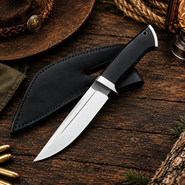 Handmade D2 drop point hunting knife with fullered blade and dark wood handle