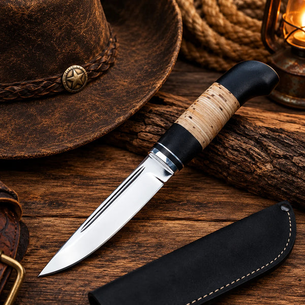 Handmade Finnish puukko knife with stacked birch bark handle on rustic wood Copy