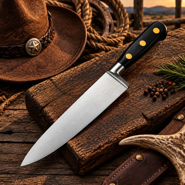 French profile chef knife with a full tang forged steel blade and dark handle