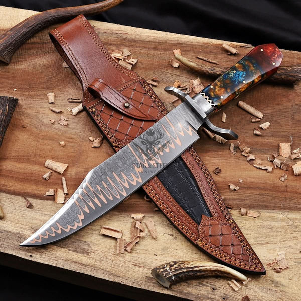 full tang copper Damascus Bowie knife display photo with customized leather sheath