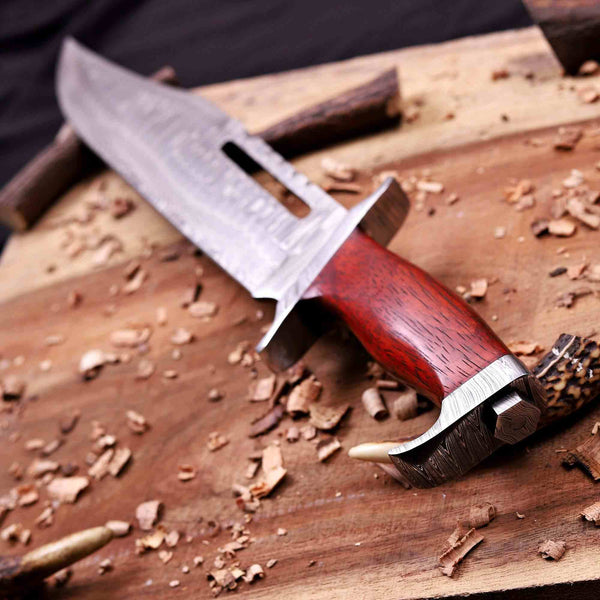 Full tang Rambo III Damascus bowie knife showing blade length