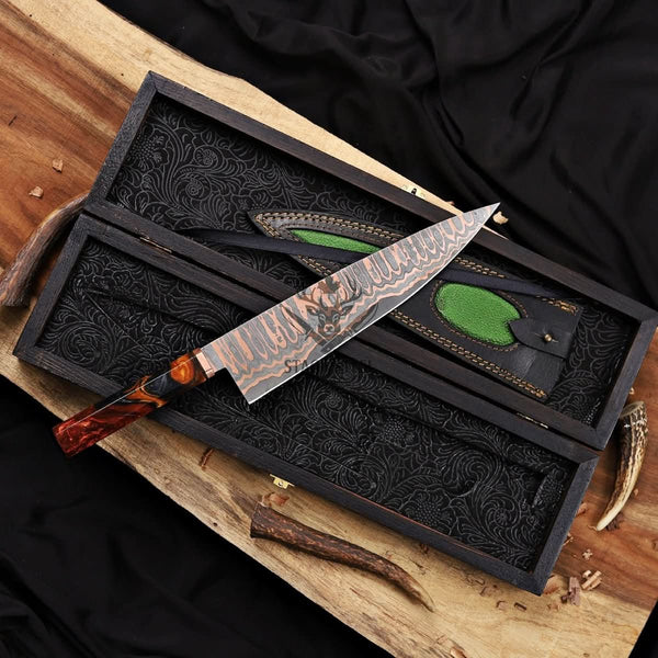 Copper Damascus Chef Knife - 10" Cu-Mai Blade with Resin Handle