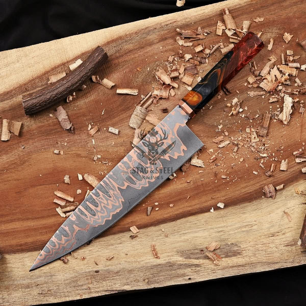 Copper Damascus Chef Knife - 10" Cu-Mai Blade with Resin Handle