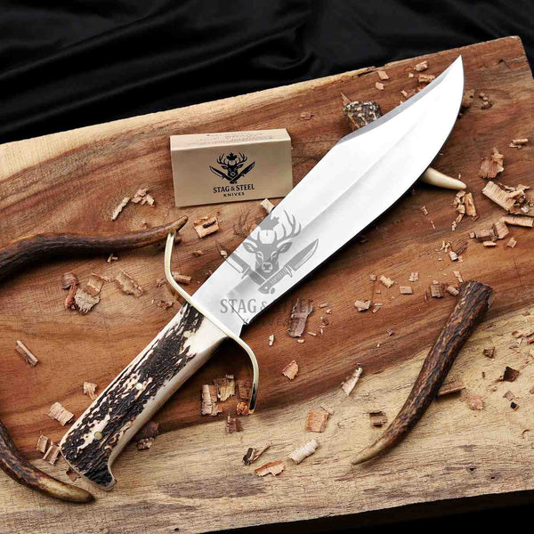 Handmade D2 bowie knife with stag antler handle and Stag Steel Knives card