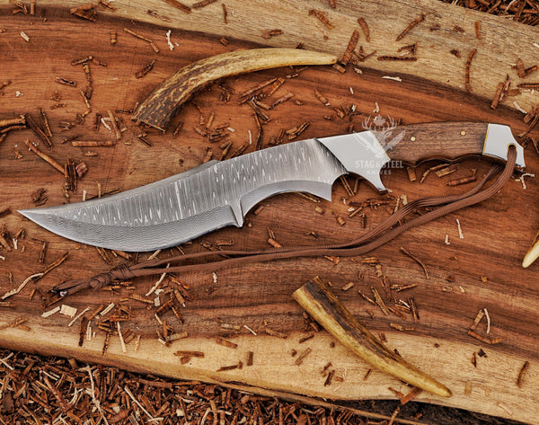 Handmade Damascus Bowie knife with walnut wood handle