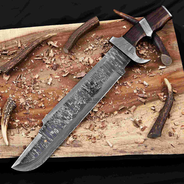 Handmade Damascus bowie knife with wenge wood handle on rustic wood