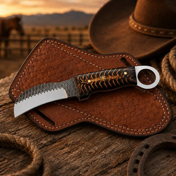 hawkbil knife with pinecone handle wih pancake sheath
