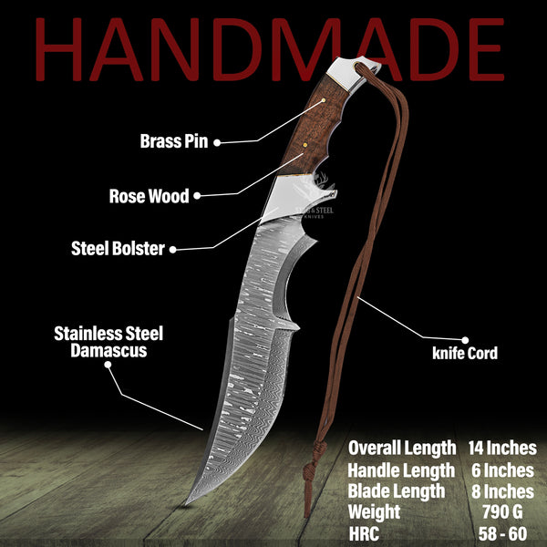 Damascus Bowie hunting knife placed with camping gear