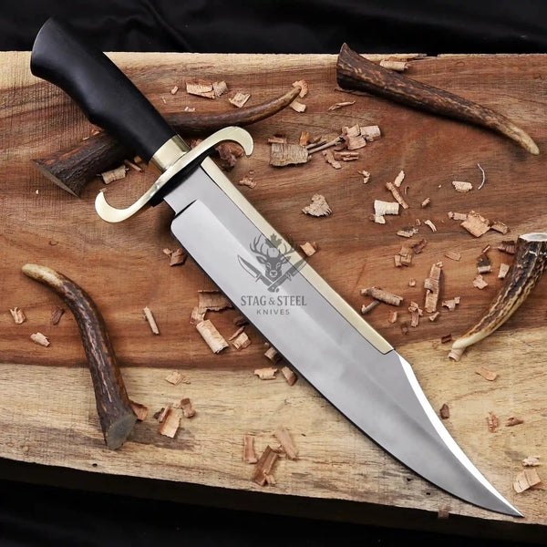 Jim Bowie Alamo replica knife with black G10 handle and polished brass guard
