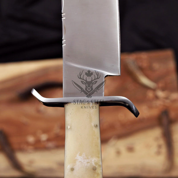 steel guard and camel bone handle detail on the D2 Bowie