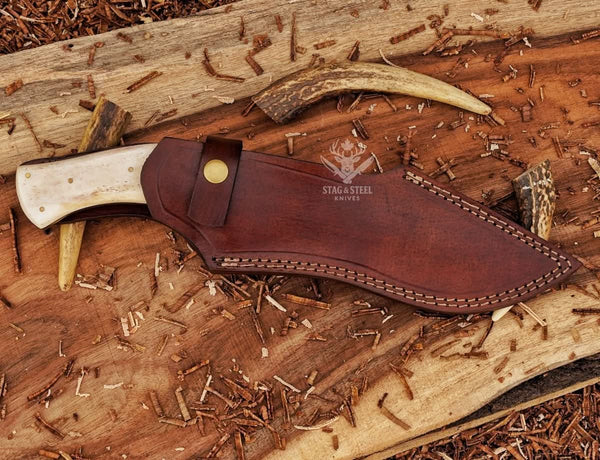 Leather sheath close-up for Damascus Kukri Bowie knife