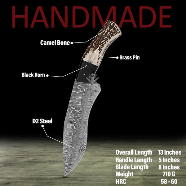 Razor sharp edge detail of Damascus Kukri Bowie hunting knife