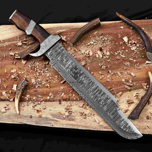 Large Damascus bowie knife showing 14 inch VG10 pattern-welded blade